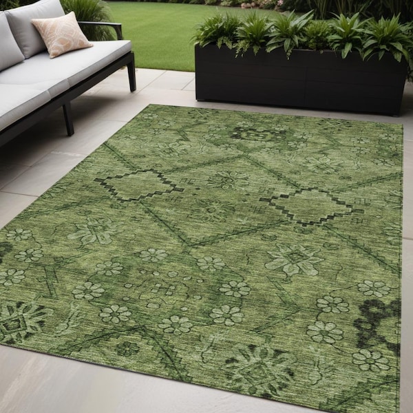 Homeroots 5' X 8' Olive Green Fern Green And Artichoke Green Floral Washable Indoor Outdoor Area Rug 588901 - main
