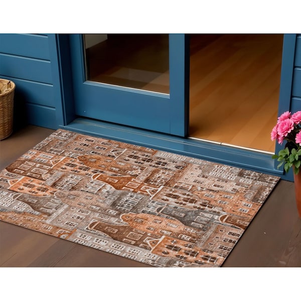 Homeroots 3' X 5' Orange Copper And Salmon Village Houses Washable Indoor Outdoor Area Rug 577865 - main