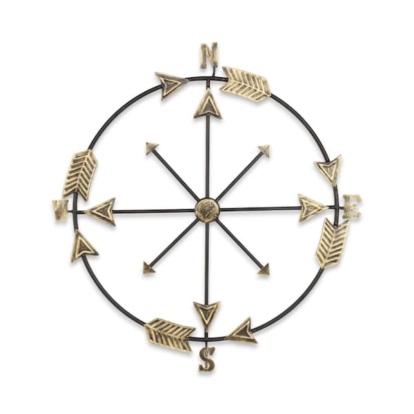 Homeroots 26" X 25" Brass and Black Metal Distressed Compass Wall Decor 483324 - main
