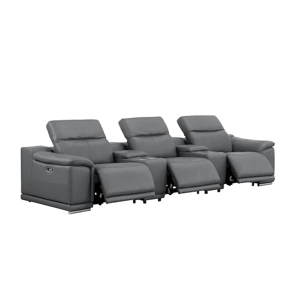 Homeroots 134" Dark Gray Top Grain Leather Reclining USB Sofa And Storage 643716 - main