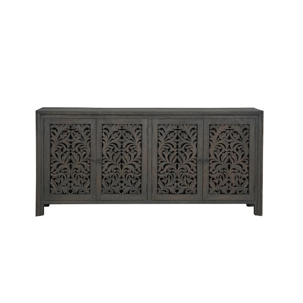 Homeroots 78in Black Distressed Solid Wood Carved Floral Sideboard with Four Doors 569595 - main