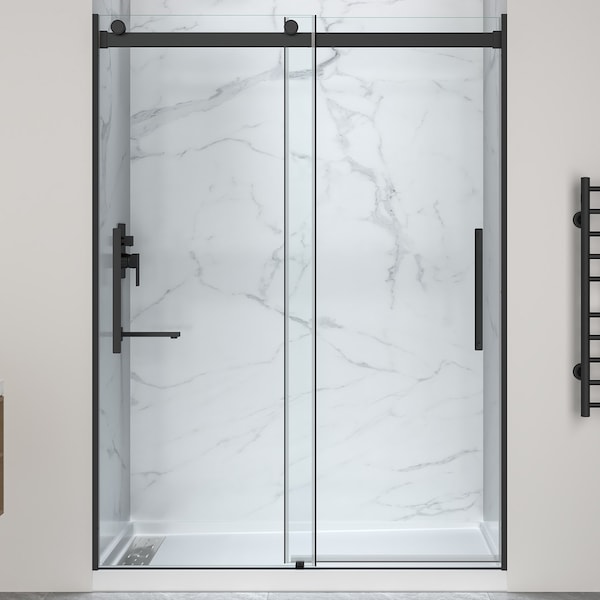 Anzzi 76'' x 45-48'' Sliding Frameless Shower Door in Matte Black with Alcove Left Drain Shower Base SD-5901103L-MB - main
