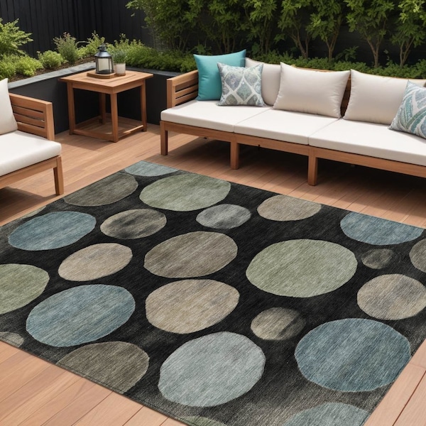 Homeroots 8' X 10' Black Fern Green And Teal Blue Geometric Washable Indoor Outdoor Area Rug 630558 - main