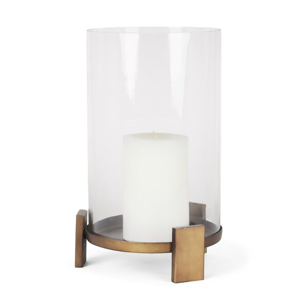 Homeroots 14" Antiqued Gold Geometric Glass And Metal Tabletop Hurricane Candle Holder 608420 - main