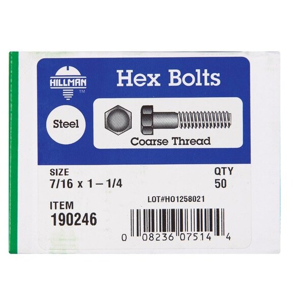Hillman 7/16 in. D X 1-1/4 in. L Zinc Plated Steel Hex Bolt, 50PK 190246 - main