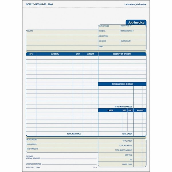 Tops Business Forms Tops Job Invoice with Material List, 3-Part, Carbonless, 8-1/2" x 11", 50 Sets/Pack 3866 - main