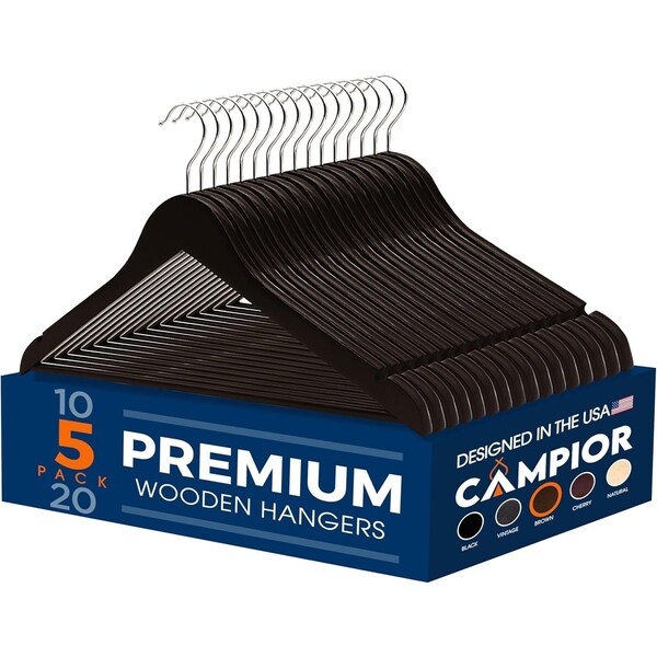 Campior Brown Wooden Hangers, Heavy-Duty with 360 Deg Swivel Hook, Non-Slip, Pants Bar, 5PK CMPWH5BW - main