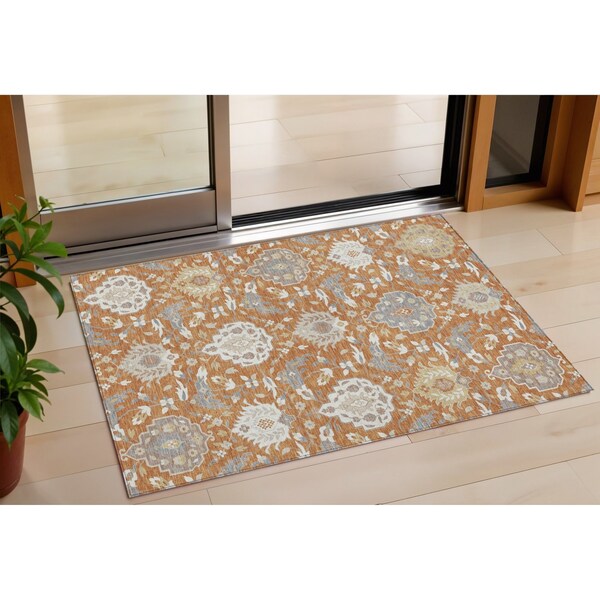 Homeroots 3' X 5' Copper Ivory And Gray Damask Washable Indoor Outdoor Area Rug 599406 - main