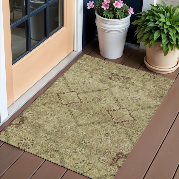 Homeroots 3' X 5' Brown Beige And Artichoke Green Floral Washable Indoor Outdoor Area Rug 588882 - main