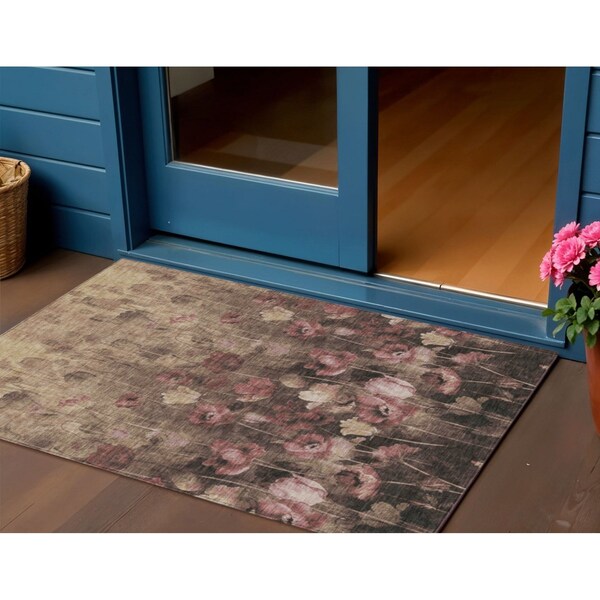 Homeroots 3' X 5' Taupe Brown And Pink Floral Washable Indoor Outdoor Area Rug 597063 - main