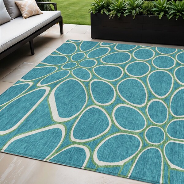 Homeroots 5' X 8' Teal Blue Ivory And Green Abstract Washable Indoor Outdoor Area Rug 600571 - main