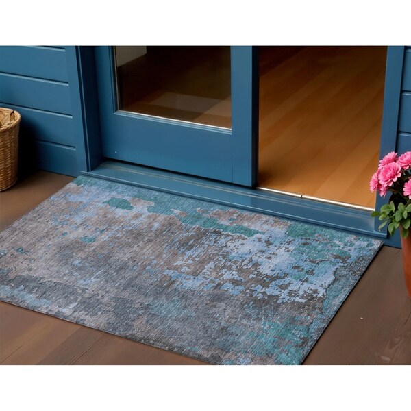 Homeroots 3' X 5' Teal Blue Taupe And Sky Blue Abstract Washable Indoor Outdoor Area Rug 618238 - main
