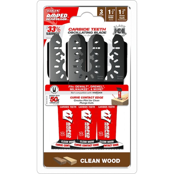 Diablo 1-1/4 inw x 1-3/4 ind AMPED Demo Demon Carbide Teeth Oscillating Blade for Clean Wood, 3PK DOU125JCW3 - main