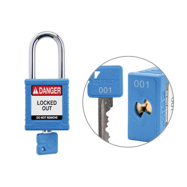Brady Keyed Alike Padlock Unique Set Nylon Blu 1.5 in Steel Shackle Keycode 1 SDPL-BLU-38ST-001 - main