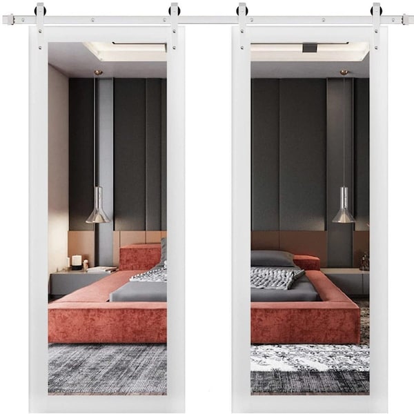 Sartodoors Sturdy Double Barn Door with Mirror, Lucia 1299 White Silk, 13FT Silver Rail Hangers Heavy Set, S LUCIA1299DB-S-WS-5684 - main