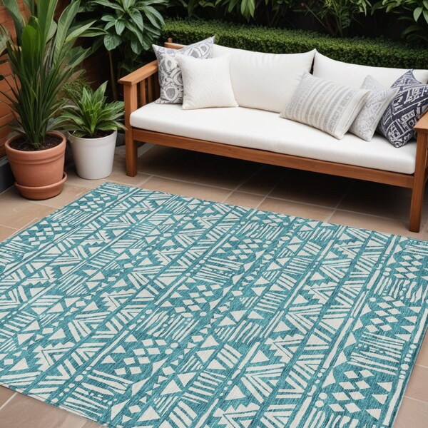 Homeroots 8' X 10' Teal Blue And Ivory Southwestern Washable Indoor Outdoor Area Rug 594193 - main