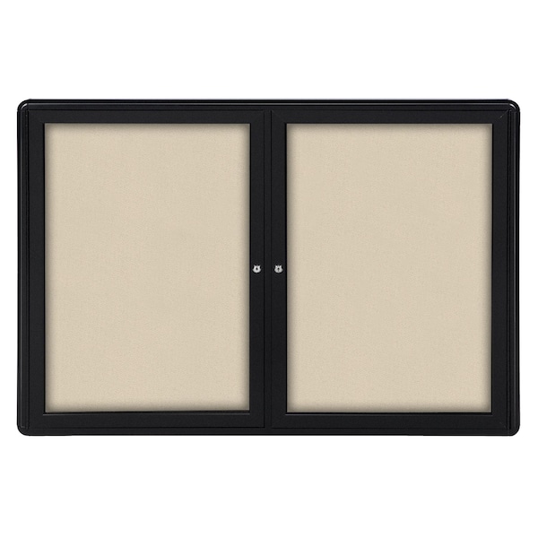 Ghent Ovation 2 Door Enclosed Fabric Bulletin Board, Black Frame, 3'H x 4'W, Beige OVK2-F90 - main