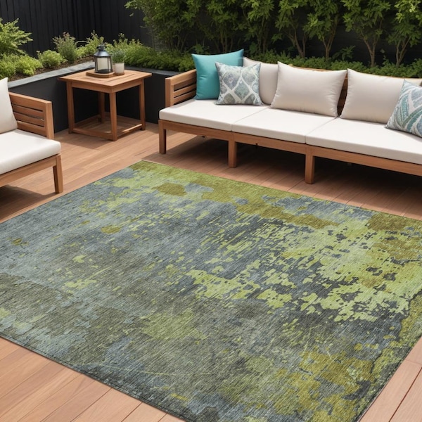 Homeroots 10' X 14' Fern Green Gray And Olive Green Abstract Washable Indoor Outdoor Area Rug 618231 - main