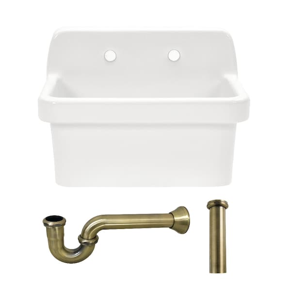 Kingston Brass 24" Ceramic Single Bowl Wall Mount Kitchen Sink with Strainer, White/Antique Brass KGPKWS2419173 - main