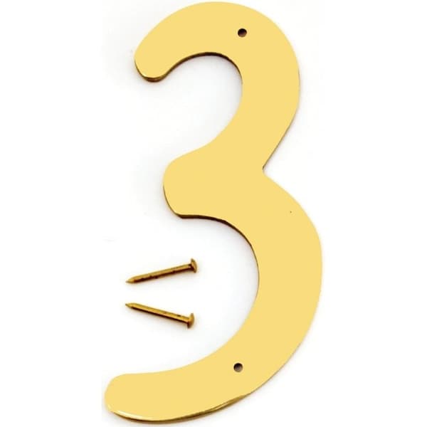 Hy-Ko House Number, Character: 3, 4 in H Character, 2-1/2 in W Character, Brass Character, Brass BR-40/3 - main