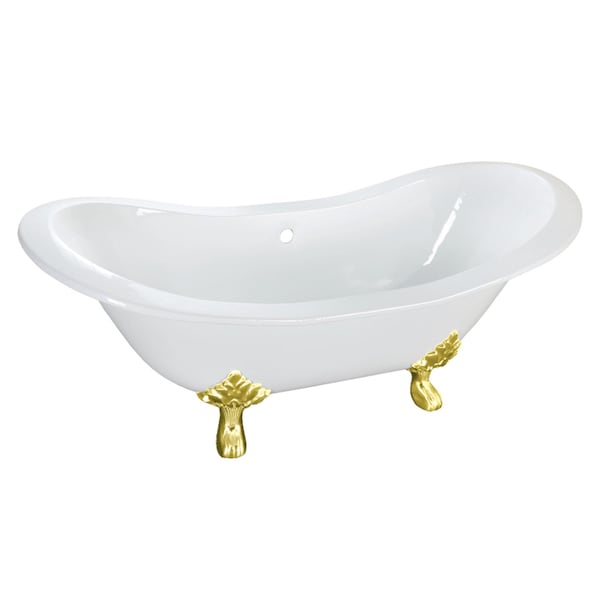 Kingston Brass 61" Cast Iron Oval Double Slipper Clawfoot Tub, No Faucet Drillings, White/Polished Brass VCTNDS6130NC2 - main