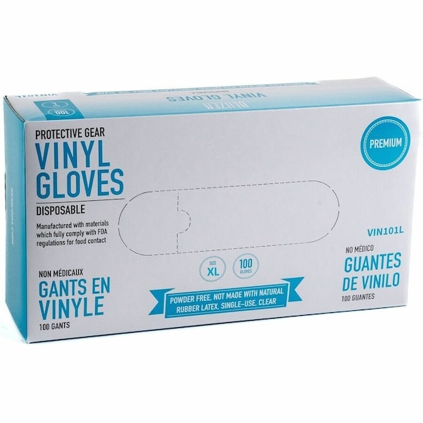 Remcoda Powder-Free Vinyl Gloves, 3 mil Thickness, X-Large Size, For Right/Left Hand, Vinyl, Clear, 10PK VIN101-XL - main