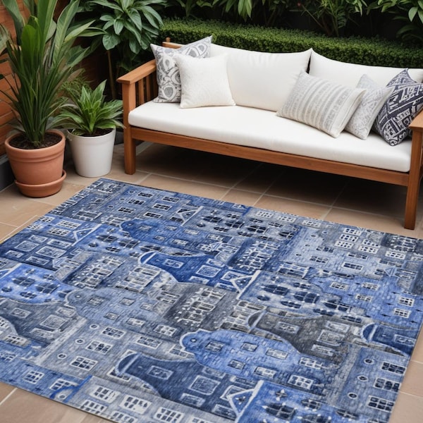 Homeroots 9' X 12' Navy Blue And Sky Blue Village Houses Washable Indoor Outdoor Area Rug 577851 - main