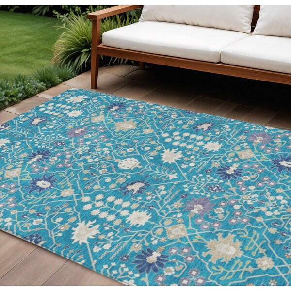 Homeroots 8' X 10' Teal Blue Purple And Ivory Oriental Washable Indoor Outdoor Area Rug 598079 - main