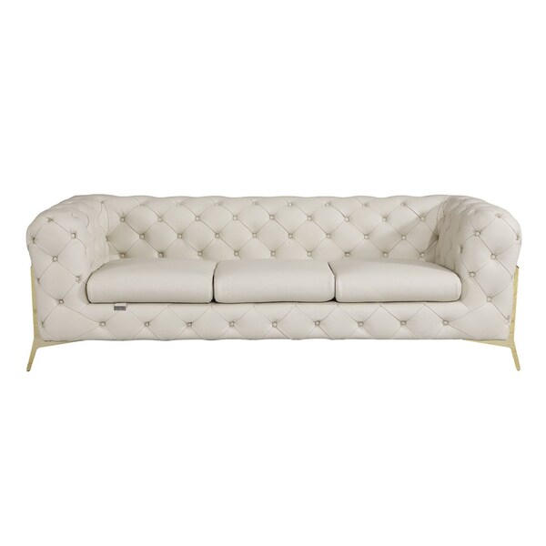 Homeroots 93" Cream Italian Leather Chesterfield Solid Wood Sofa 720457 - main