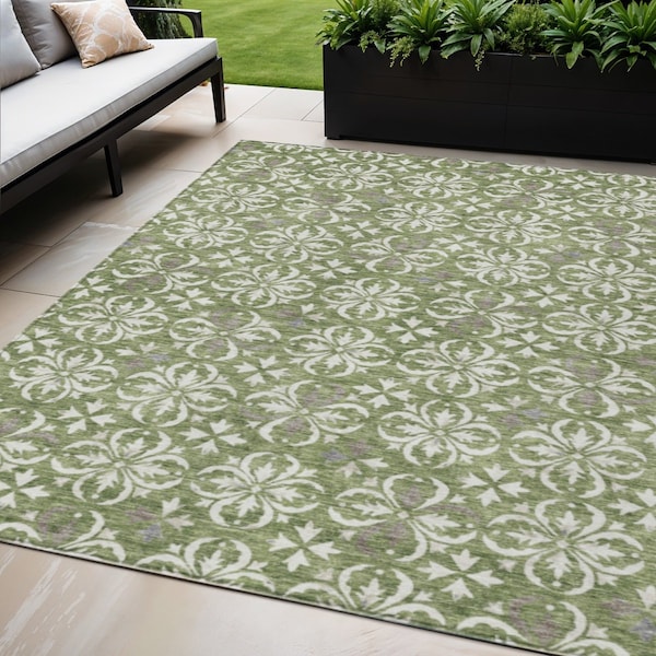 Homeroots 5' X 8' Green Gray And Ivory Floral Washable Indoor Outdoor Area Rug 595944 - main
