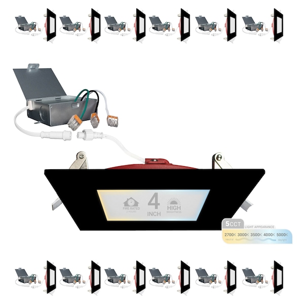 Nuwatt 4 Inch 2 Hour Black Square Fire Rated Recessed Lighting, Wafer LED Lights 2700K-5000K, 900LM, 12PK NW-P-SQDL-4-12W-5CT-FR-BLK-12P - main