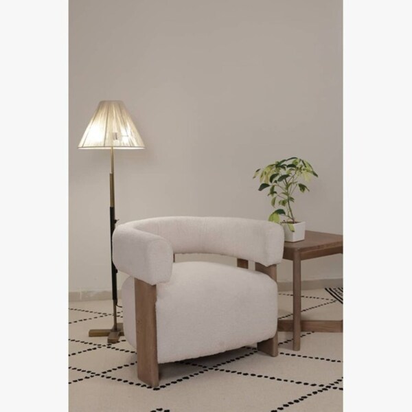 Homeroots 31" White and Brown Boucle and Solid Wood Arm Chair 653084 - main