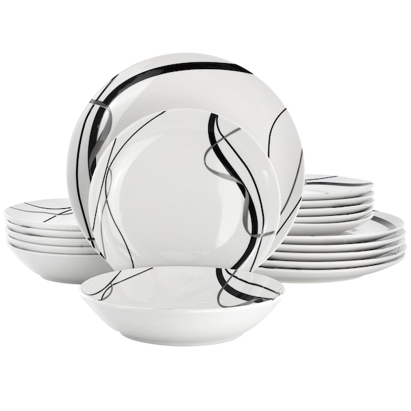 Elama Sarah 18 Piece Porcelain Ribbon Lined Dinnerware Set, Service for 6 in White and Black 750123740M - main