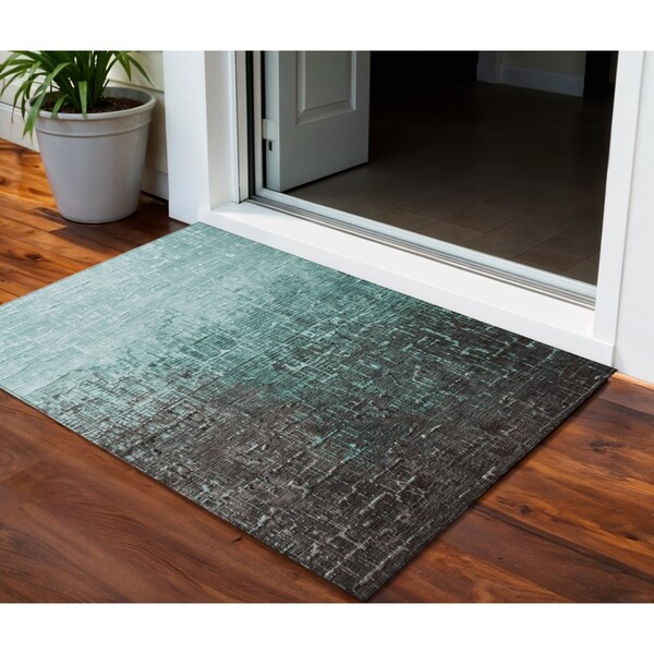 Homeroots 3' X 5' Teal Blue And Dark Gray Ombre Washable Indoor Outdoor Area Rug 602899 - main