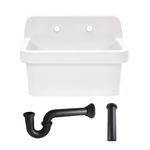 Kingston Brass 24" Ceramic Single Bowl Wall Mount Kitchen Sink with Strainer, White/Matte Black KGPKWS2419170 - main