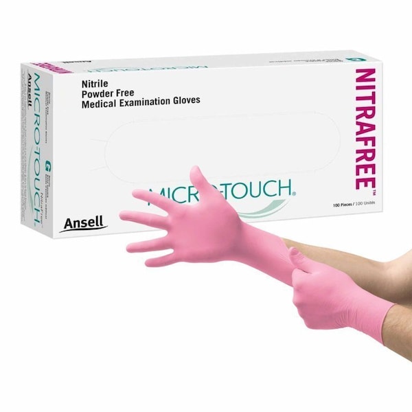 Ansell Exam Glove Micro-Touch NitraFree Medium, NS, Standard, Textured Fingers, Pink, Chemo Tested, 100PK 693951_BX - main