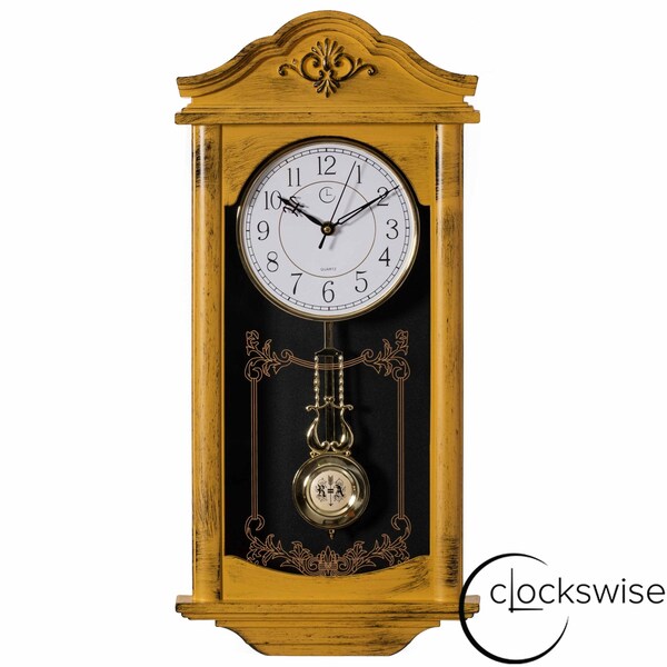 Clockswise 24in Wall Clock Vintage-Inspired Wood-Grain Texture Distressed Finish Battery-Operated, Yellow QI004145.L.YL - main
