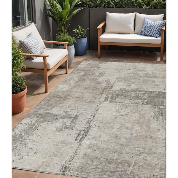 Homeroots 5' X 8' Linen And Gray Abstract Washable Indoor Outdoor Area Rug 606032 - main