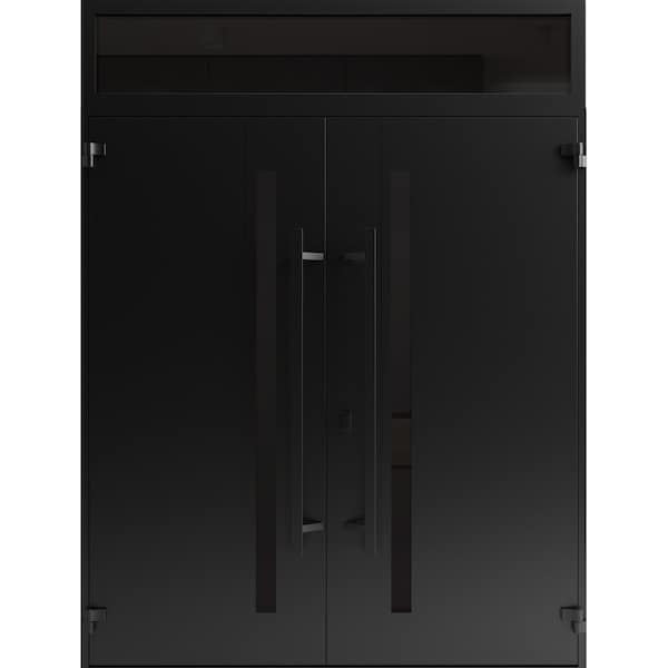 Vdomdoors Front Exterior Prehung Aluminum Double Doors Ronex1033 Teak Top Transom Mirrored Clear Glass Entry RONEX1033DEXD-OAK-W72xH96+14-LH-O - main