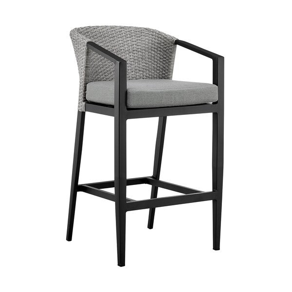 Armen Living Palma Outdoor Patio Counter Height Bar Stool in Aluminum and Wicker with Gray Cushions LCPFBAGR26 - main