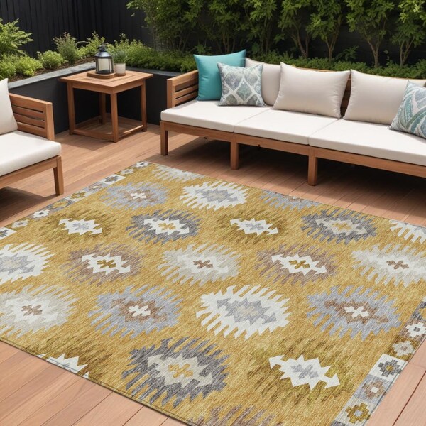Homeroots 8' X 10' Gold Ivory And Taupe Southwestern Washable Indoor Outdoor Area Rug 615131 - main