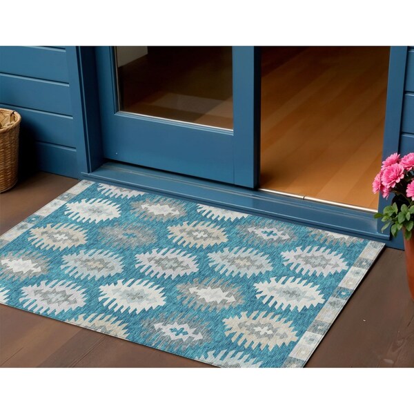 Homeroots 3' X 5' Teal Blue Ivory And Gray Southwestern Washable Indoor Outdoor Area Rug 615176 - main
