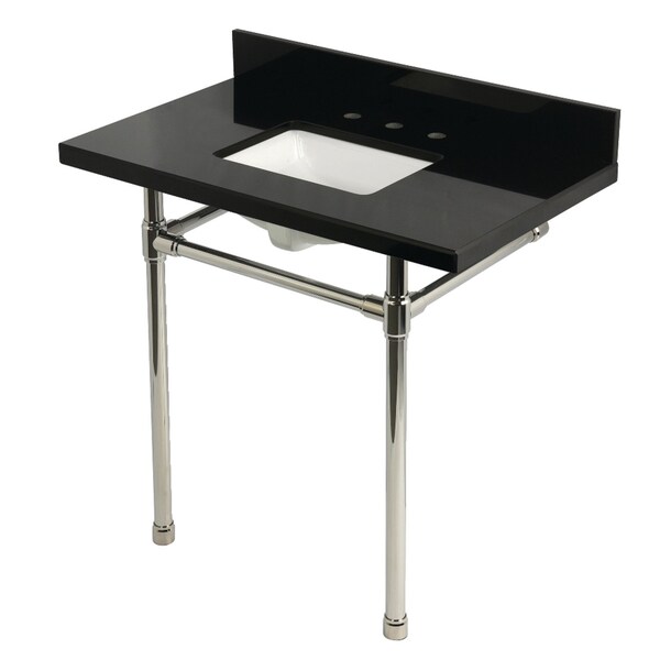 Kingston Brass 36-Inch Black Granite Console Sink with Stainless Steel Legs, 8-Inch, 3-Hole KVPK36K8SQ6ST - main