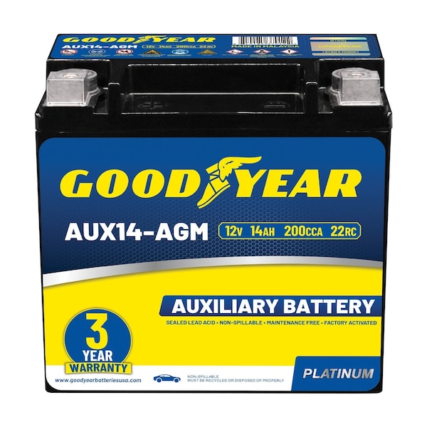Goodyear AUX14-AGM BCI Group Size 400 12V 14 AH, 22RC, 200 CCA Platinum series AGM Auxiliary Battery GY4143262 - main