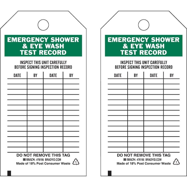 Brady Tag EMERGENCY SHOWER & EYEWASH TEST RECORD Polyester 5.75x3 Black, GN/WH 25PK 76195 - main