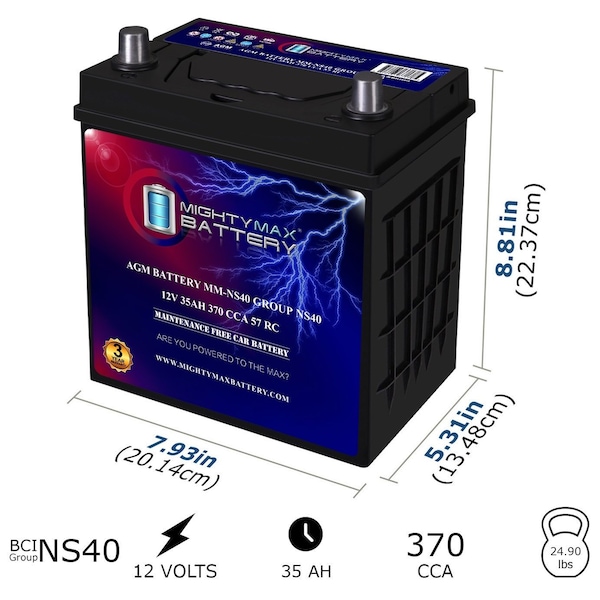 Mighty Max Battery MM-NS40 Start and Stop Car BCI Group Size NS40 12V 35Ah, 57RC, 370 CCA Rechargeable AGM Car Battery MAX4174091 - main