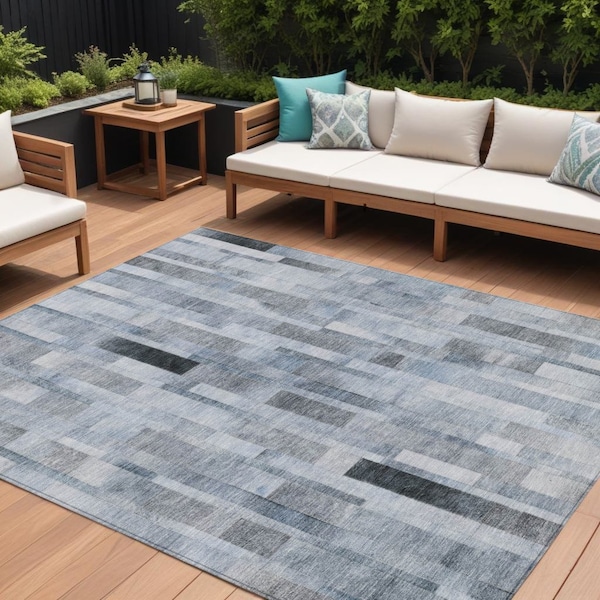 Homeroots 10' X 14' Blue And Gray Striped Washable Indoor Outdoor Area Rug 615517 - main