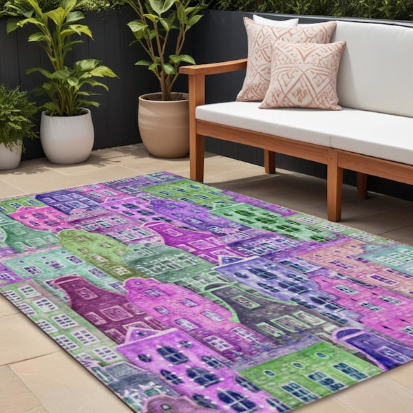 Homeroots 9' X 12' Purple Lilac And Green Village Houses Washable Indoor Outdoor Area Rug 577875 - main