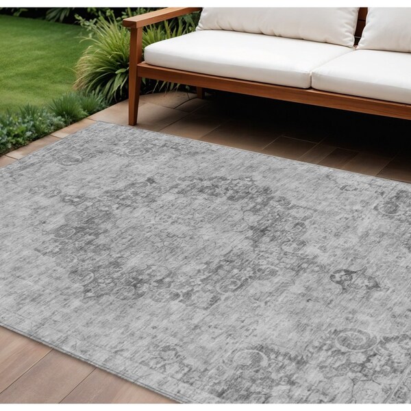 Homeroots 8' X 10' Silver Floral Medallion Washable Indoor Outdoor Area Rug 607941 - main