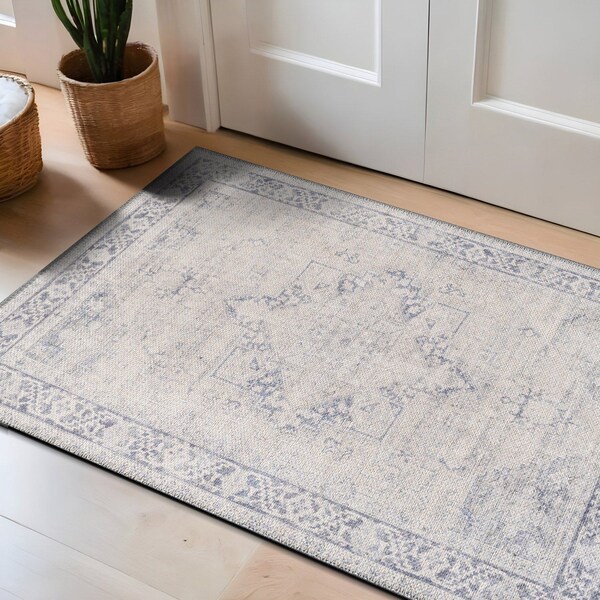 World Rug Gallery Blue and Ivory Medallion Rug - Machine Washable, Flat Pile, Family Friendly 2 ft x 3 ft WR172BLUE2X3 - main